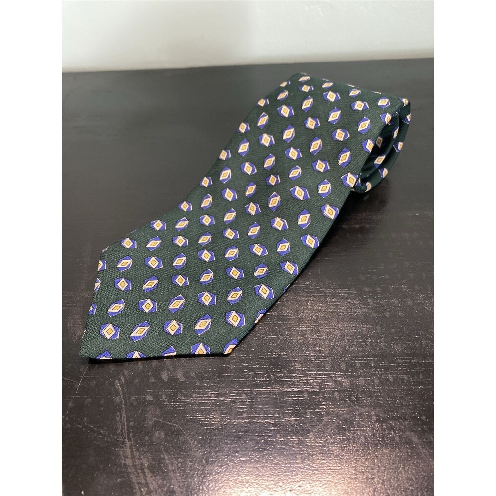 Polo Ralph Lauren Green And Blue Diamond Pattern Tie 100% Silk - Picture 1 of 5